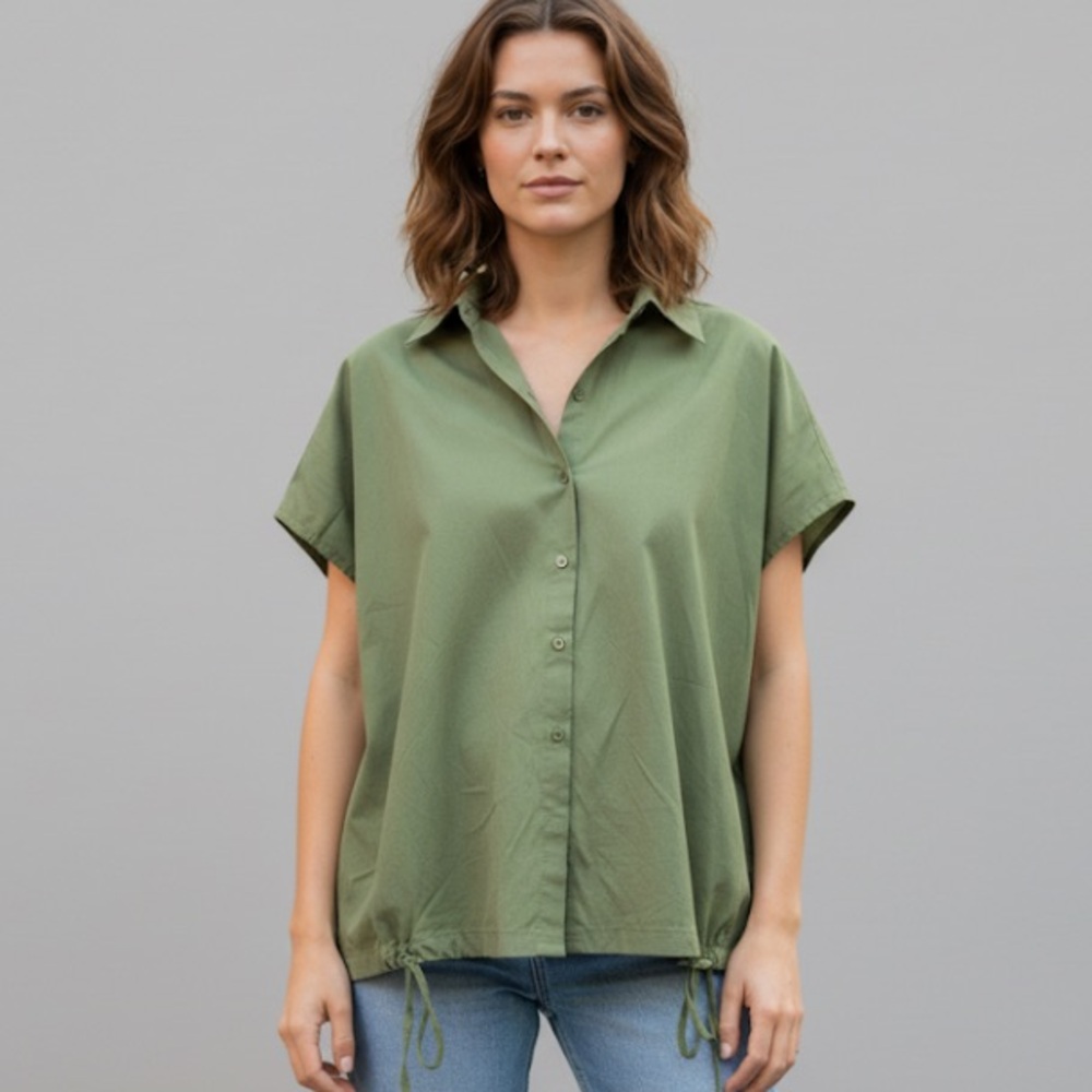 FLOOR Cotton Short Sleeve Button Down Collared Green oversized Blouse XS
